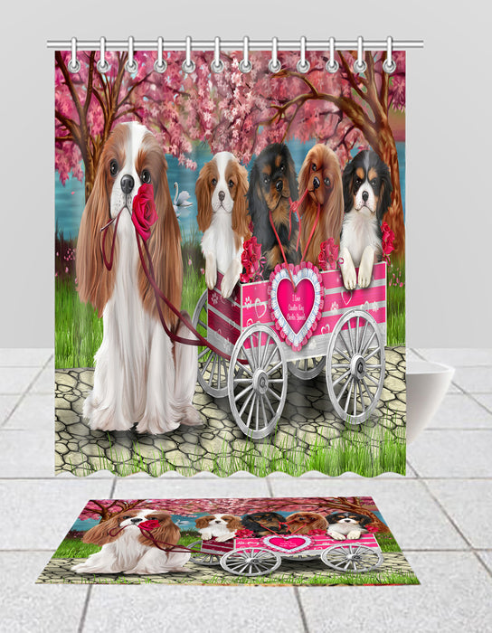 I Love Cavalier King Charles Spaniel Dogs in a Cart Bath Mat and Shower Curtain Combo