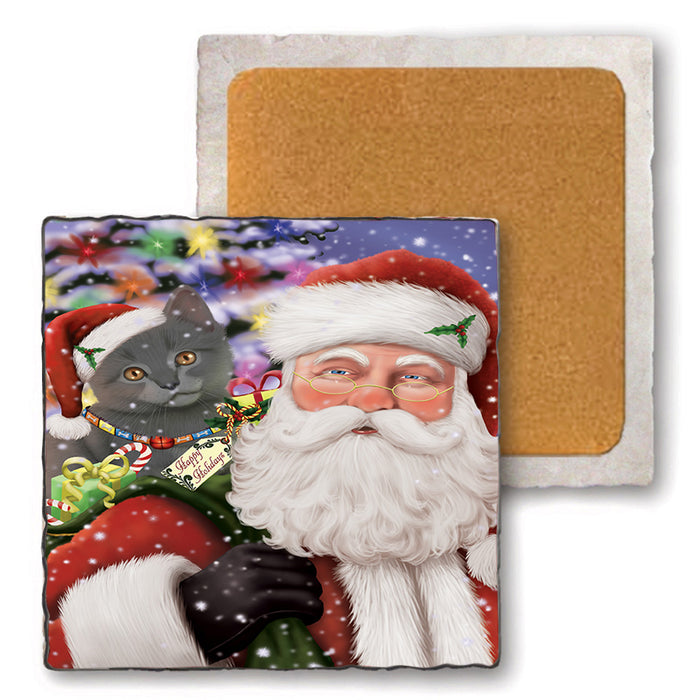 Santa Carrying Chartreuxe Cat and Christmas Presents Set of 4 Natural Stone Marble Tile Coasters MCST50499