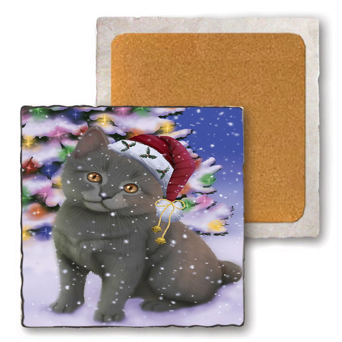 Winterland Wonderland Chartreuxe Cat In Christmas Holiday Scenic Background Set of 4 Natural Stone Marble Tile Coasters MCST50697