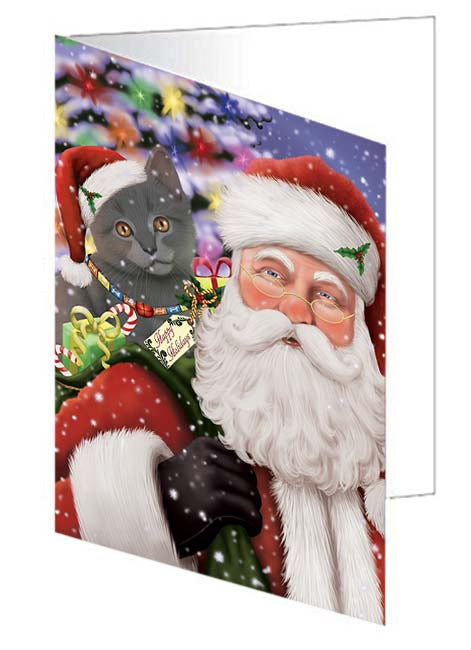 Santa Carrying Chartreuxe Cat and Christmas Presents Handmade Artwork Assorted Pets Greeting Cards and Note Cards with Envelopes for All Occasions and Holiday Seasons GCD71012