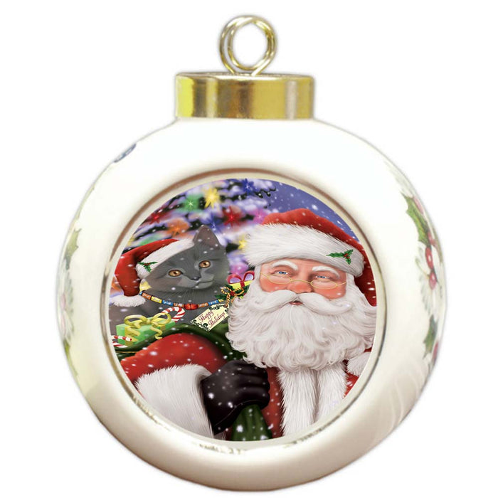Santa Carrying Chartreuxe Cat and Christmas Presents Round Ball Christmas Ornament RBPOR55855
