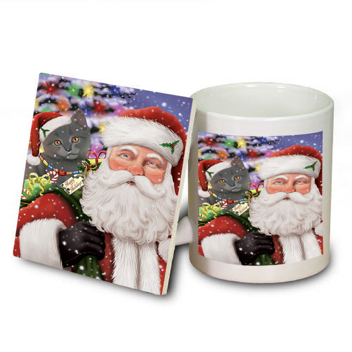 Santa Carrying Chartreuxe Cat and Christmas Presents Mug and Coaster Set MUC55491