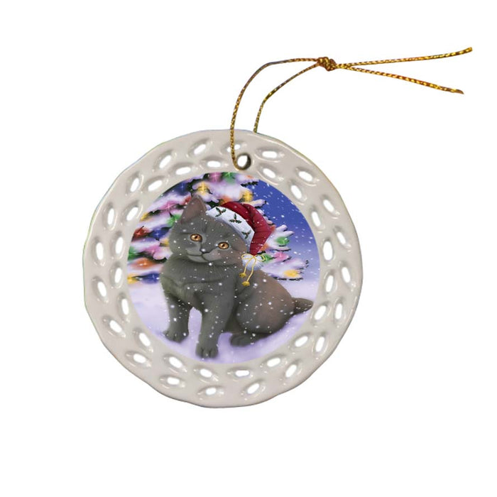 Winterland Wonderland Chartreuxe Cat In Christmas Holiday Scenic Background Ceramic Doily Ornament DPOR56053