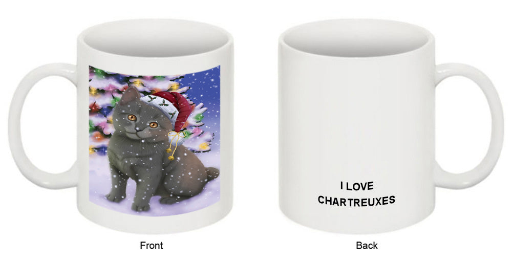Winterland Wonderland Chartreuxe Cat In Christmas Holiday Scenic Background Coffee Mug MUG51095