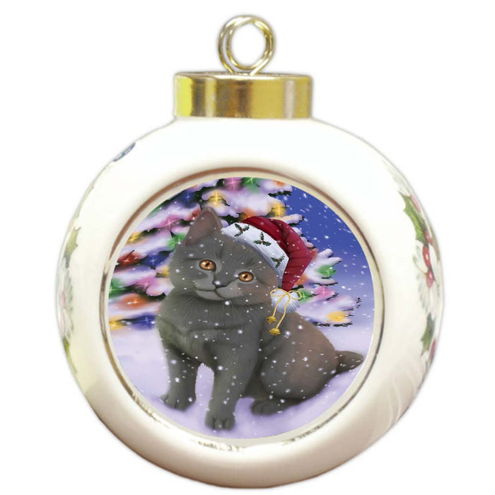 Winterland Wonderland Chartreuxe Cat In Christmas Holiday Scenic Background Round Ball Christmas Ornament RBPOR56053