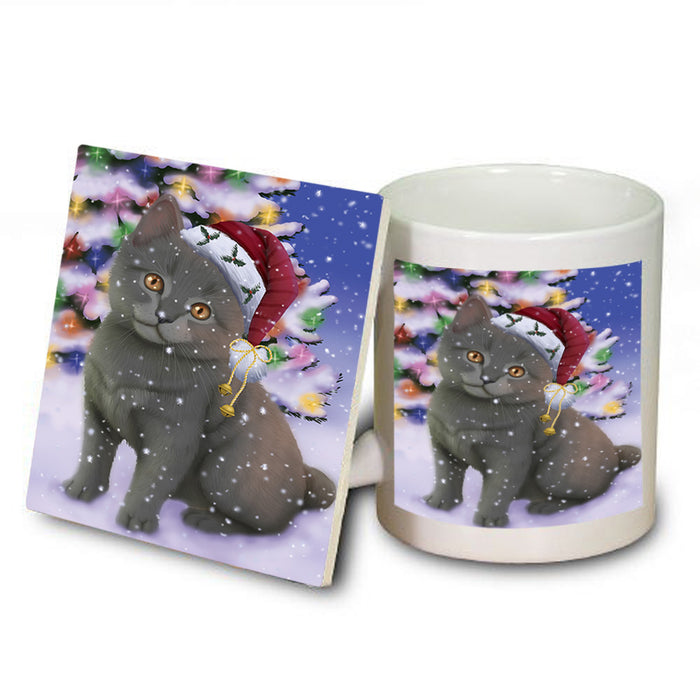 Winterland Wonderland Chartreuxe Cat In Christmas Holiday Scenic Background Mug and Coaster Set MUC55689