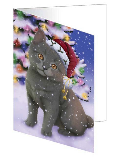 Winterland Wonderland Chartreuxe Cat In Christmas Holiday Scenic Background Handmade Artwork Assorted Pets Greeting Cards and Note Cards with Envelopes for All Occasions and Holiday Seasons GCD71606