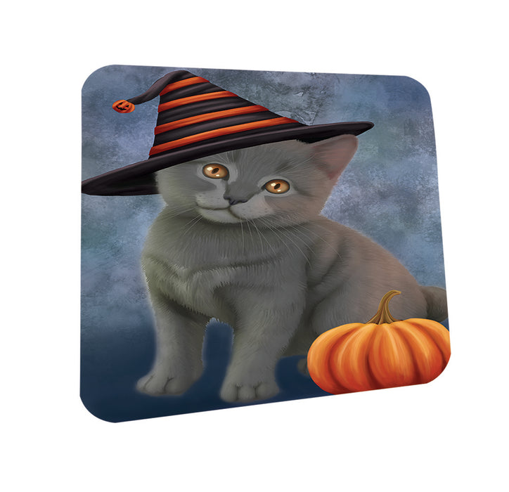 Happy Halloween Chartreux Cat Wearing Witch Hat with Pumpkin Coasters Set of 4 CST54839