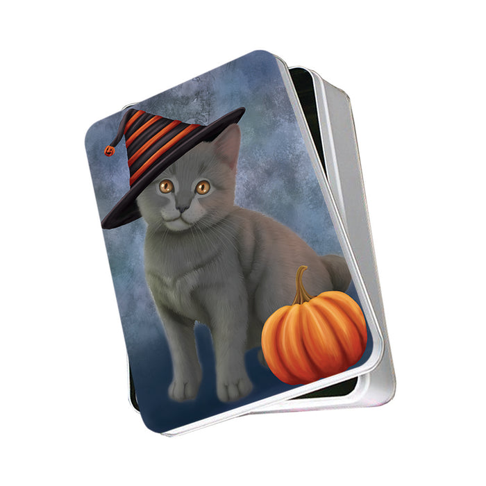 Happy Halloween Chartreux Cat Wearing Witch Hat with Pumpkin Photo Storage Tin PITN54824
