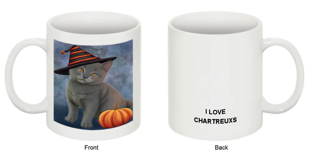 Happy Halloween Chartreux Cat Wearing Witch Hat with Pumpkin Coffee Mug MUG50279