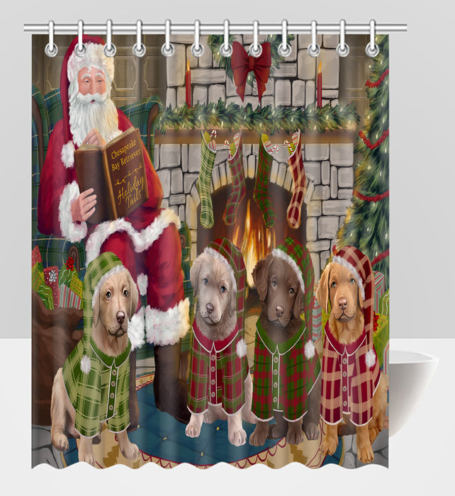 Christmas Cozy Holiday Fire Tails Chesapeake Bay Retriever Dogs Shower Curtain