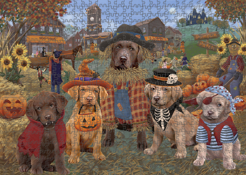 Halloween 'Round Town And Fall Pumpkin Scarecrow Both Chesapeake Bay Retriever Dogs Puzzle with Photo Tin PUZL96256