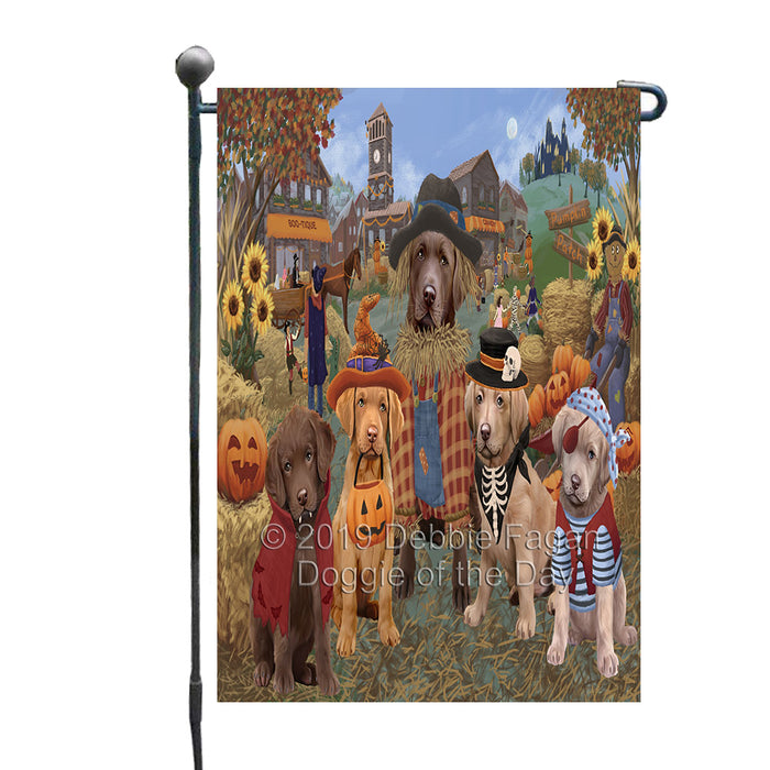 Halloween 'Round Town And Fall Pumpkin Scarecrow Both Chesapeake Bay Retriever Dogs Garden Flag GFLG65587