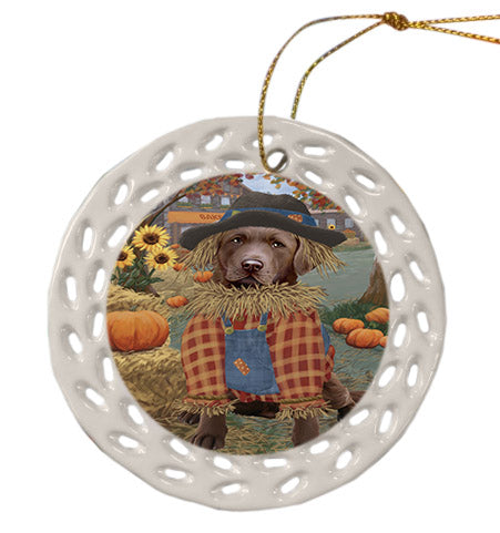 Fall Pumpkin Scarecrow Chesapeake Bay Retriever Dogs Ceramic Doily Ornament DPOR57548