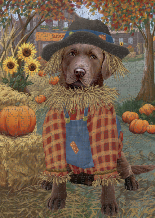 Halloween 'Round Town And Fall Pumpkin Scarecrow Both Chesapeake Bay Retriever Dogs Puzzle with Photo Tin PUZL96500