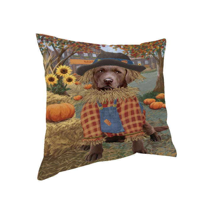 Halloween 'Round Town And Fall Pumpkin Scarecrow Both Chesapeake Bay Retriever Dogs Pillow PIL82592