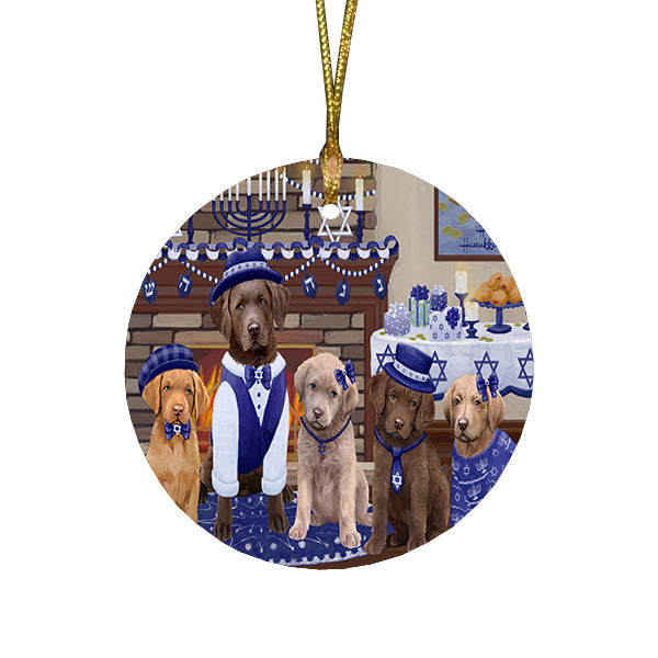 Happy Hanukkah Family and Happy Hanukkah Both Chesapeake Bay Retriever Dogs Round Flat Christmas Ornament RFPOR57513