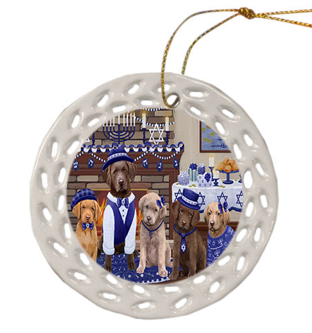 Happy Hanukkah Family Chesapeake Bay Retriever Dogs Ceramic Doily Ornament DPOR57609