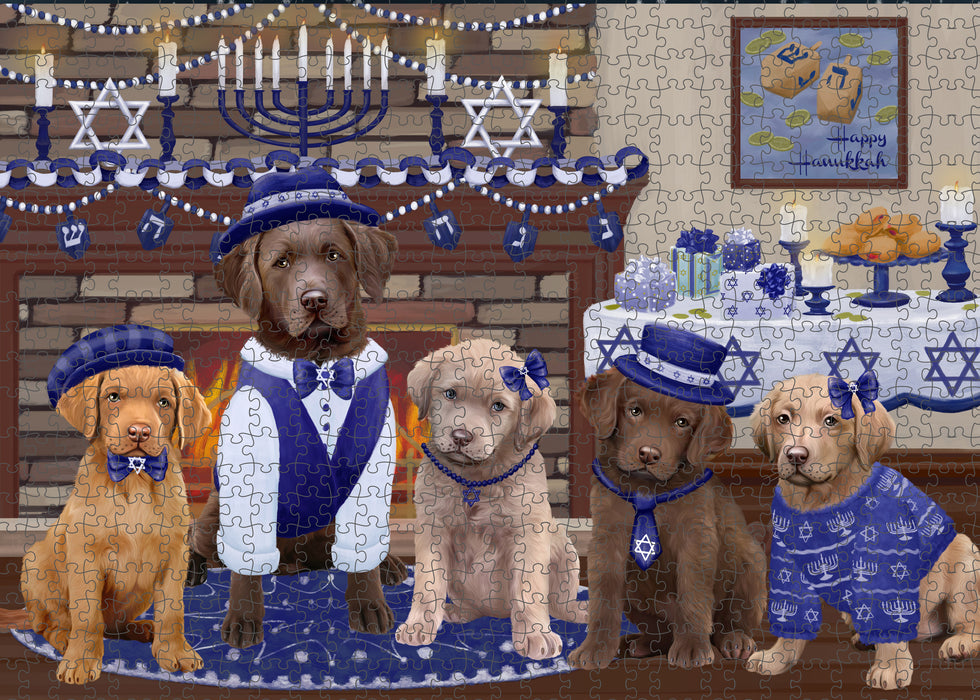 Happy Hanukkah Family and Happy Hanukkah Both Chesapeake Bay Retriever Dogs Puzzle with Photo Tin PUZL96744