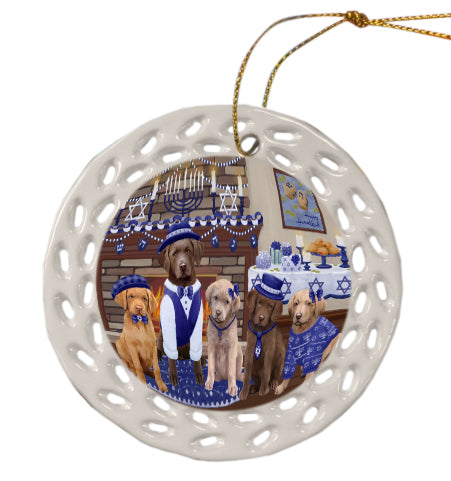 Happy Hanukkah Family Chesapeake Bay Retriever Dogs Doily Ornament DPOR57967