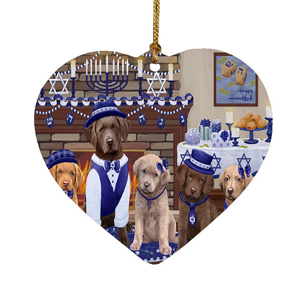 Happy Hanukkah Family Chesapeake Bay Retriever Dogs Heart Christmas Ornament HPOR57609