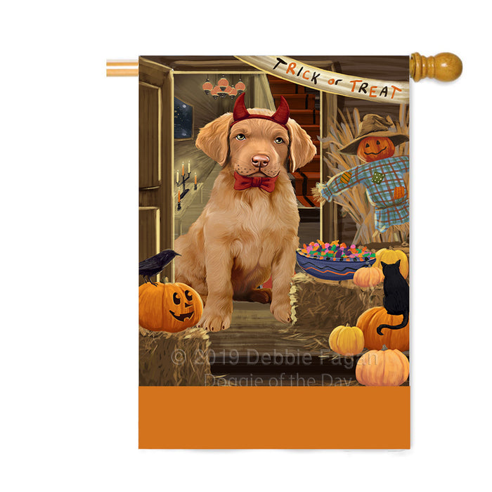 Personalized Enter at Own Risk Trick or Treat Halloween Chesapeake Bay Retriever Dog Custom House Flag FLG-DOTD-A59592