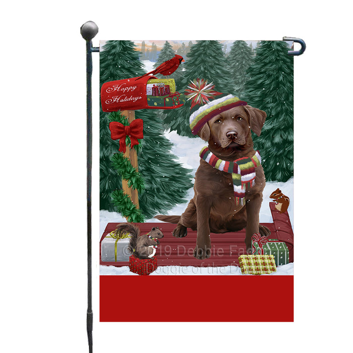 Personalized Merry Christmas Woodland Sled  Chesapeake Bay Retriever Dog Custom Garden Flags GFLG-DOTD-A61547