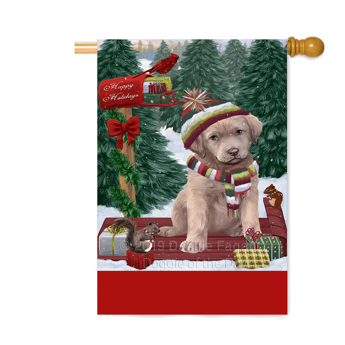 Personalized Merry Christmas Woodland Sled Chesapeake Bay Retriever Dog Custom House Flag FLG-DOTD-A61604