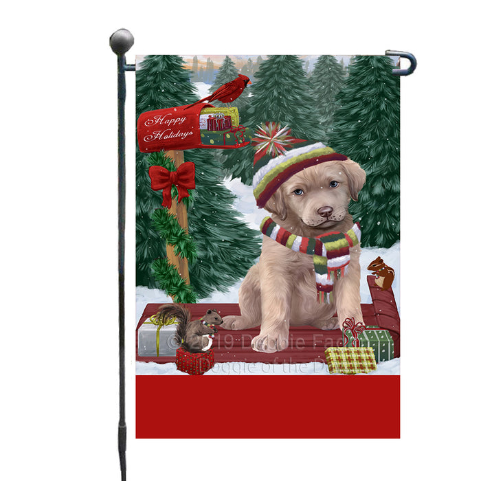 Personalized Merry Christmas Woodland Sled  Chesapeake Bay Retriever Dog Custom Garden Flags GFLG-DOTD-A61548