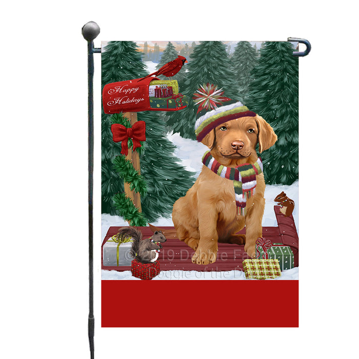 Personalized Merry Christmas Woodland Sled  Chesapeake Bay Retriever Dog Custom Garden Flags GFLG-DOTD-A61549