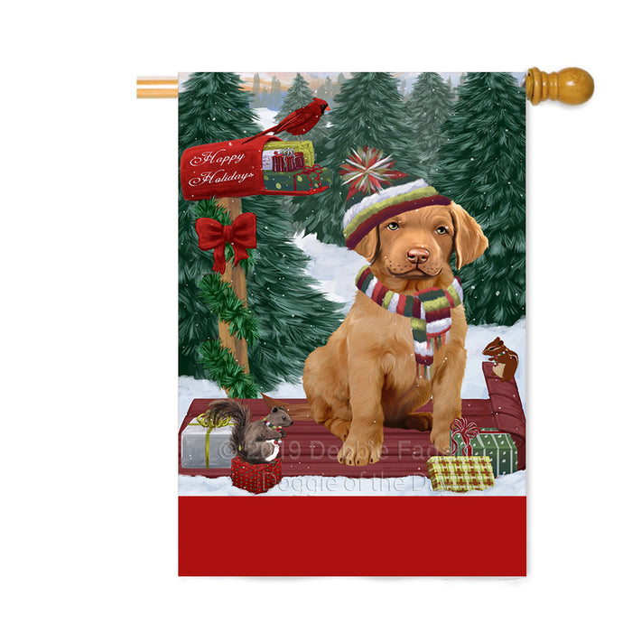 Personalized Merry Christmas Woodland Sled Chesapeake Bay Retriever Dog Custom House Flag FLG-DOTD-A61605