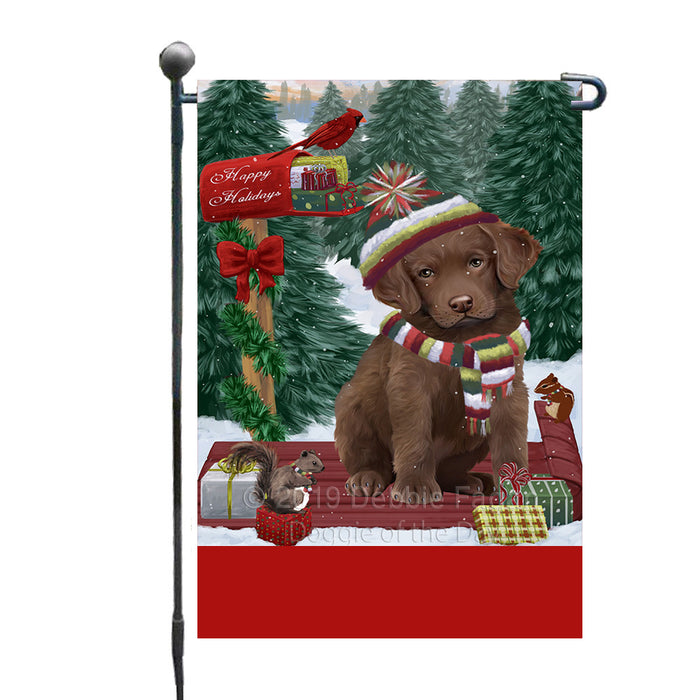 Personalized Merry Christmas Woodland Sled  Chesapeake Bay Retriever Dog Custom Garden Flags GFLG-DOTD-A61550