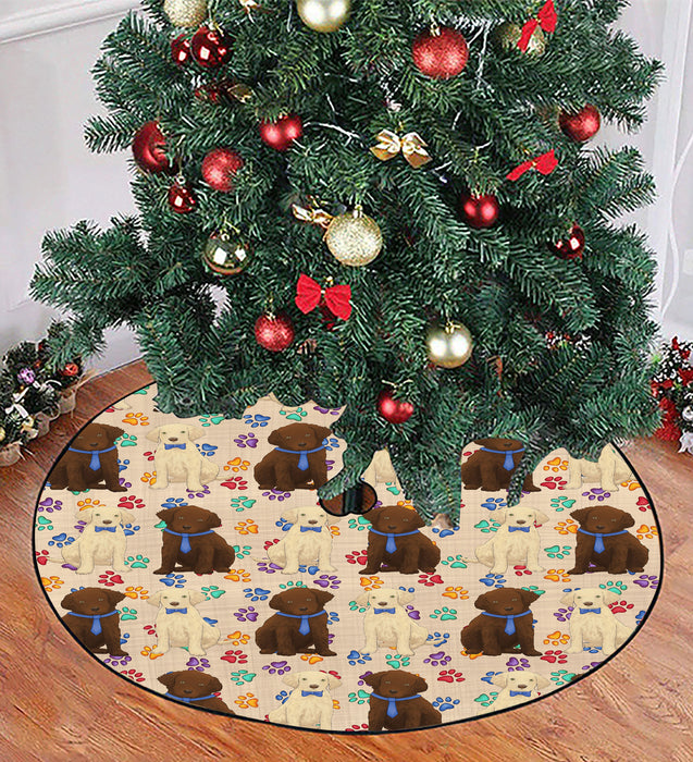 Rainbow Paw Print Chesapeake Bay Retriever Dogs Blue Christmas Tree Skirt