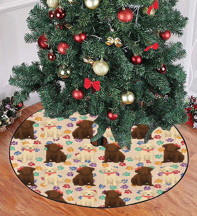 Rainbow Paw Print Chesapeake Bay Retriever Dogs Red Christmas Tree Skirt