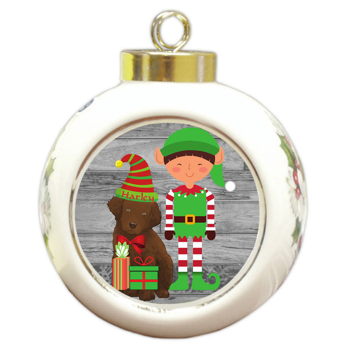 Custom Personalized Chesapeake Bay Retriever Dog Elfie and Presents Christmas Round Ball Ornament