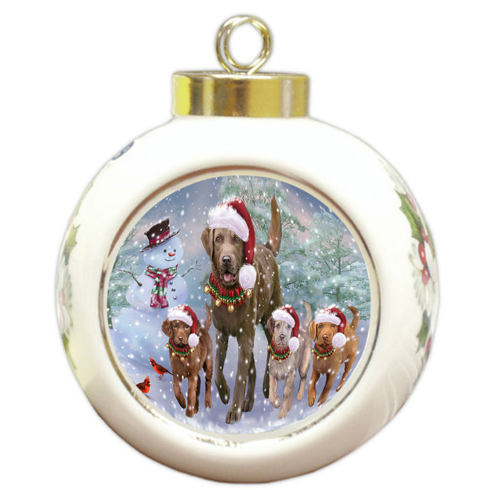Christmas Running Family Chesapeake Bay Retriever Dogs Round Ball Christmas Ornament RBPOR58256