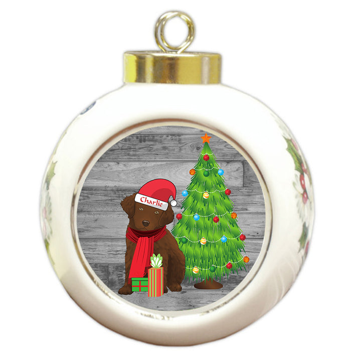 Custom Personalized Chesapeake Bay Retriever Dog With Tree and Presents Christmas Round Ball Ornament