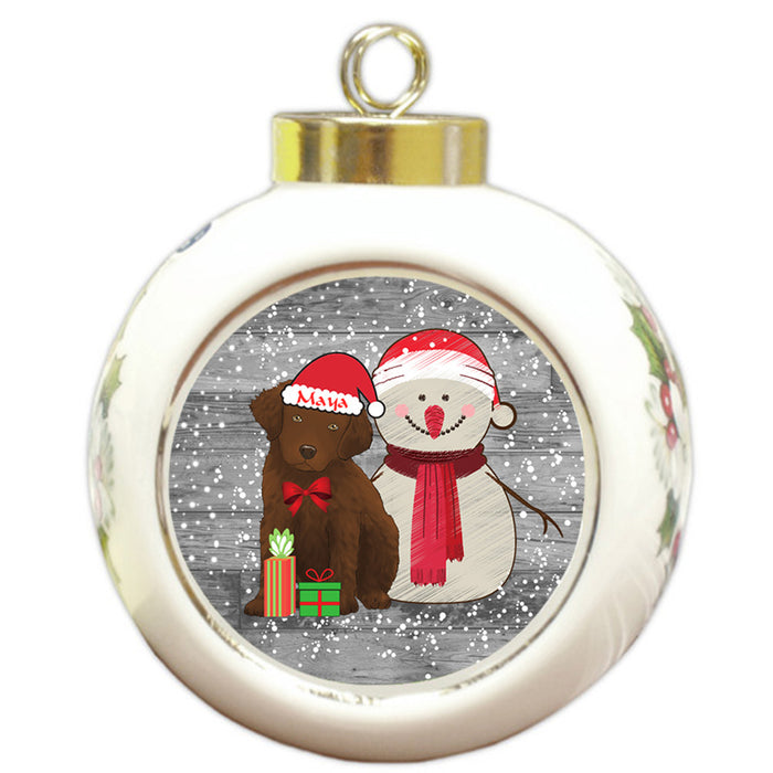 Custom Personalized Snowy Snowman and Chesapeake Bay Retriever Dog Christmas Round Ball Ornament