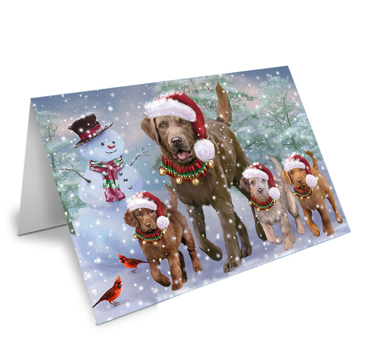 Christmas Running Family Chesapeake Bay Retriever Dogs Handmade Artwork Assorted Pets Greeting Cards and Note Cards with Envelopes for All Occasions and Holiday Seasons GCD75281