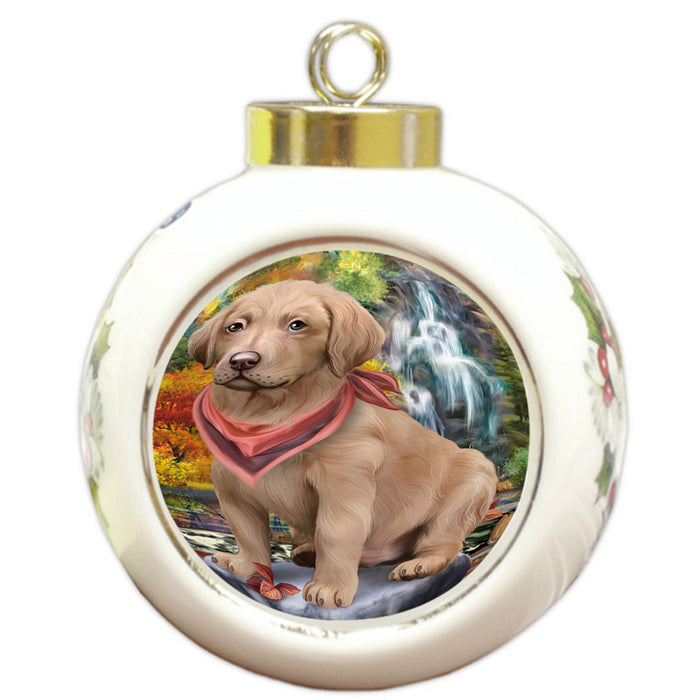 Scenic Waterfall Chesapeake Bay Retriever Dog Round Ball Christmas Ornament RBPOR49731