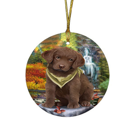 Scenic Waterfall Chesapeake Bay Retriever Dog Round Flat Christmas Ornament RFPOR49723