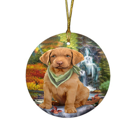 Scenic Waterfall Chesapeake Bay Retriever Dog Round Flat Christmas Ornament RFPOR49724