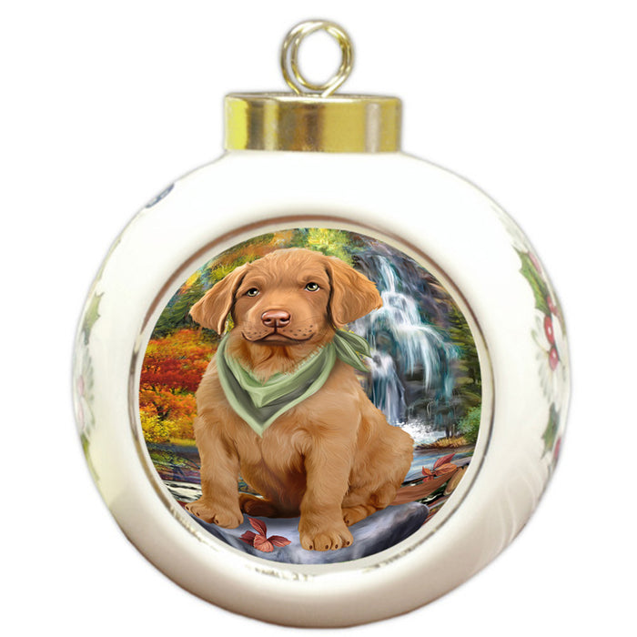 Scenic Waterfall Chesapeake Bay Retriever Dog Round Ball Christmas Ornament RBPOR49733