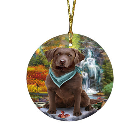 Scenic Waterfall Chesapeake Bay Retriever Dog Round Flat Christmas Ornament RFPOR49725