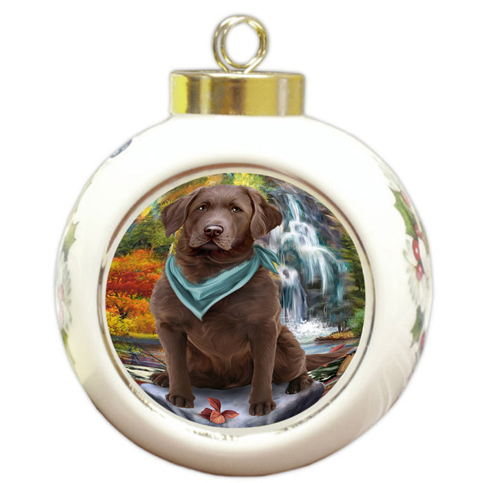 Scenic Waterfall Chesapeake Bay Retriever Dog Round Ball Christmas Ornament RBPOR49734