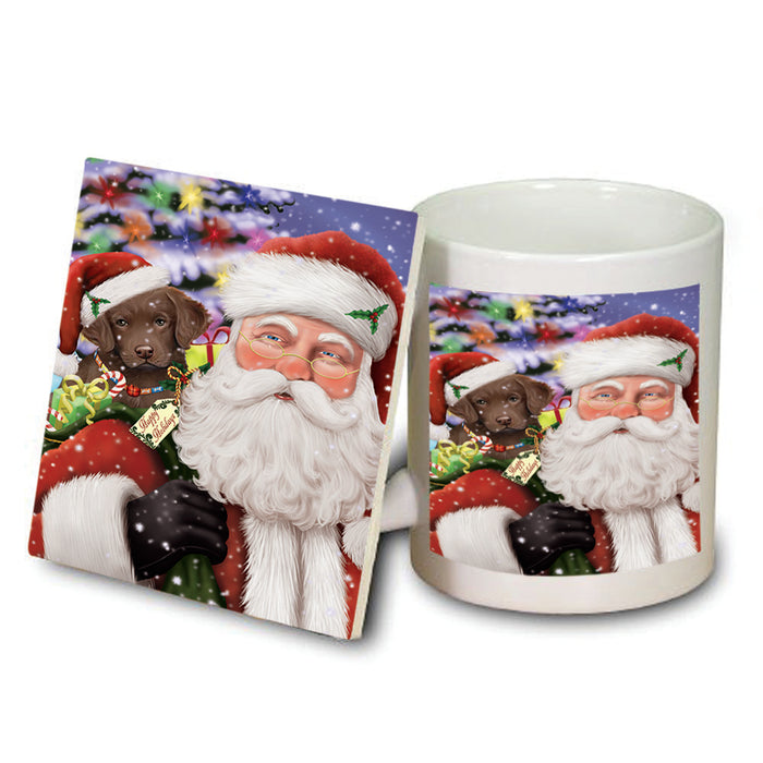 Santa Carrying Chesapeake Bay Retriever Dog and Christmas Presents Mug and Coaster Set MUC53968