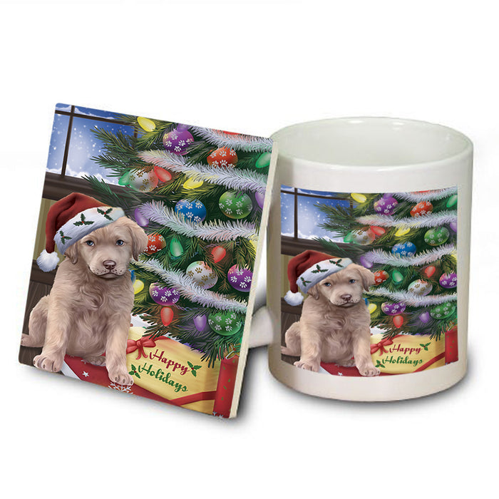Christmas Happy Holidays Chesapeake Bay Retriever Dog with Tree and Presents Mug and Coaster Set MUC53809