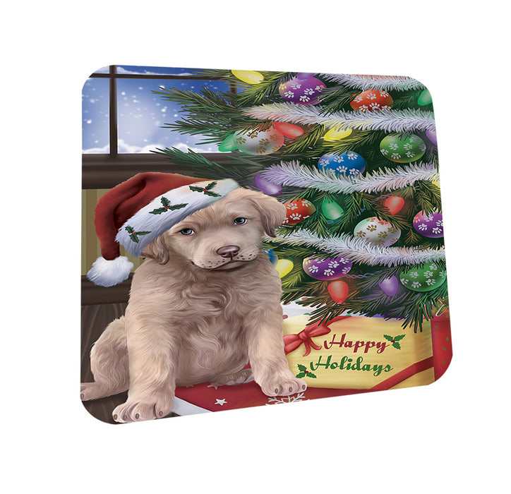 Christmas Happy Holidays Chesapeake Bay Retriever Dog with Tree and Presents Coasters Set of 4 CST53775