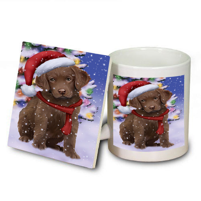 Winterland Wonderland Chesapeake Bay Retriever Dog In Christmas Holiday Scenic Background  Mug and Coaster Set MUC53370