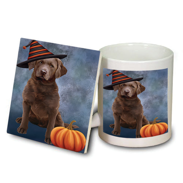 Happy Halloween Chesapeake Bay Retriever Dog Wearing Witch Hat with Pumpkin Mug and Coaster Set MUC54915